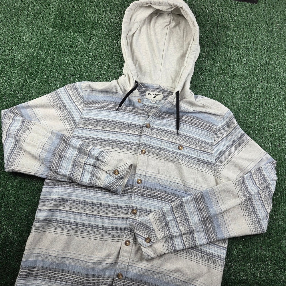 Billabong Mens XL Blue Grey Striped Hooded Flannel Shirt Button Up Long Sleeve
